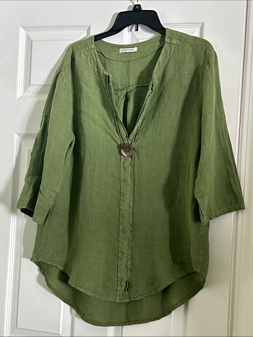 Relaxed Olive Green Linen Tunic with Single Accent Button